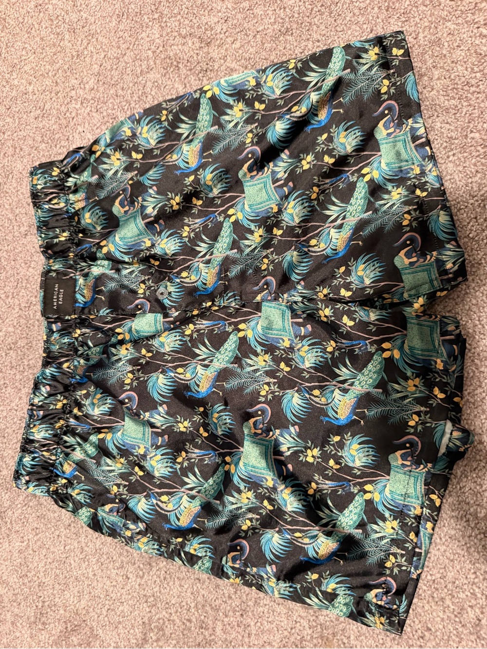 American Eagle Outfitters Black Boxer Shorts with Teal and Yellow Bird Print